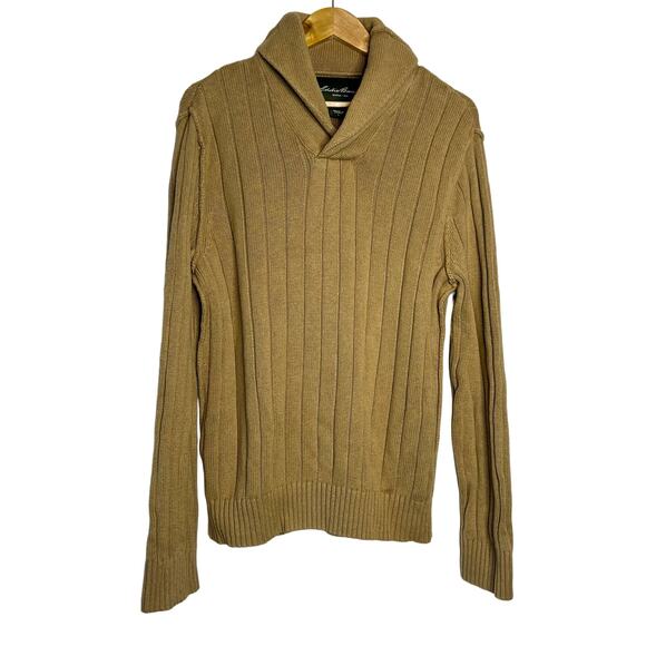 Eddie Bauer Sweater Mens Large Tan Shawl Collar Knit Grandpacore Linen Fisherman - Picture 1 of 9